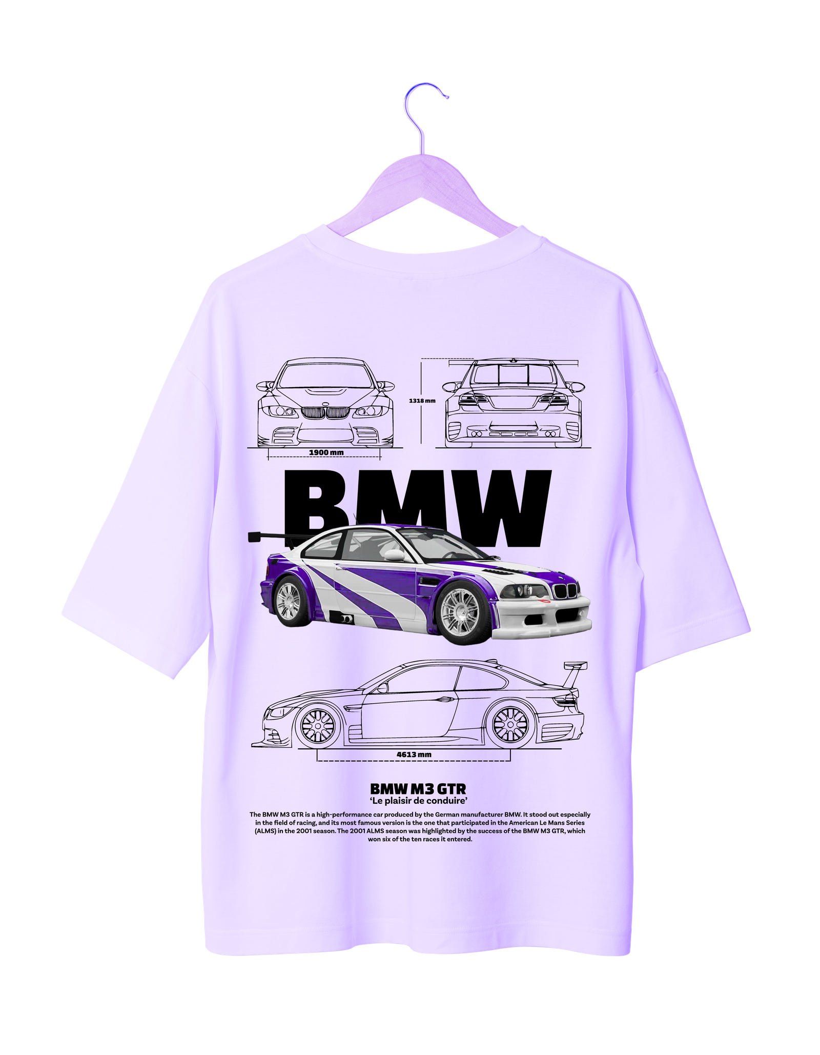 BMW M3 GTR T-Shirt with blueprint graphics and racing car illustration