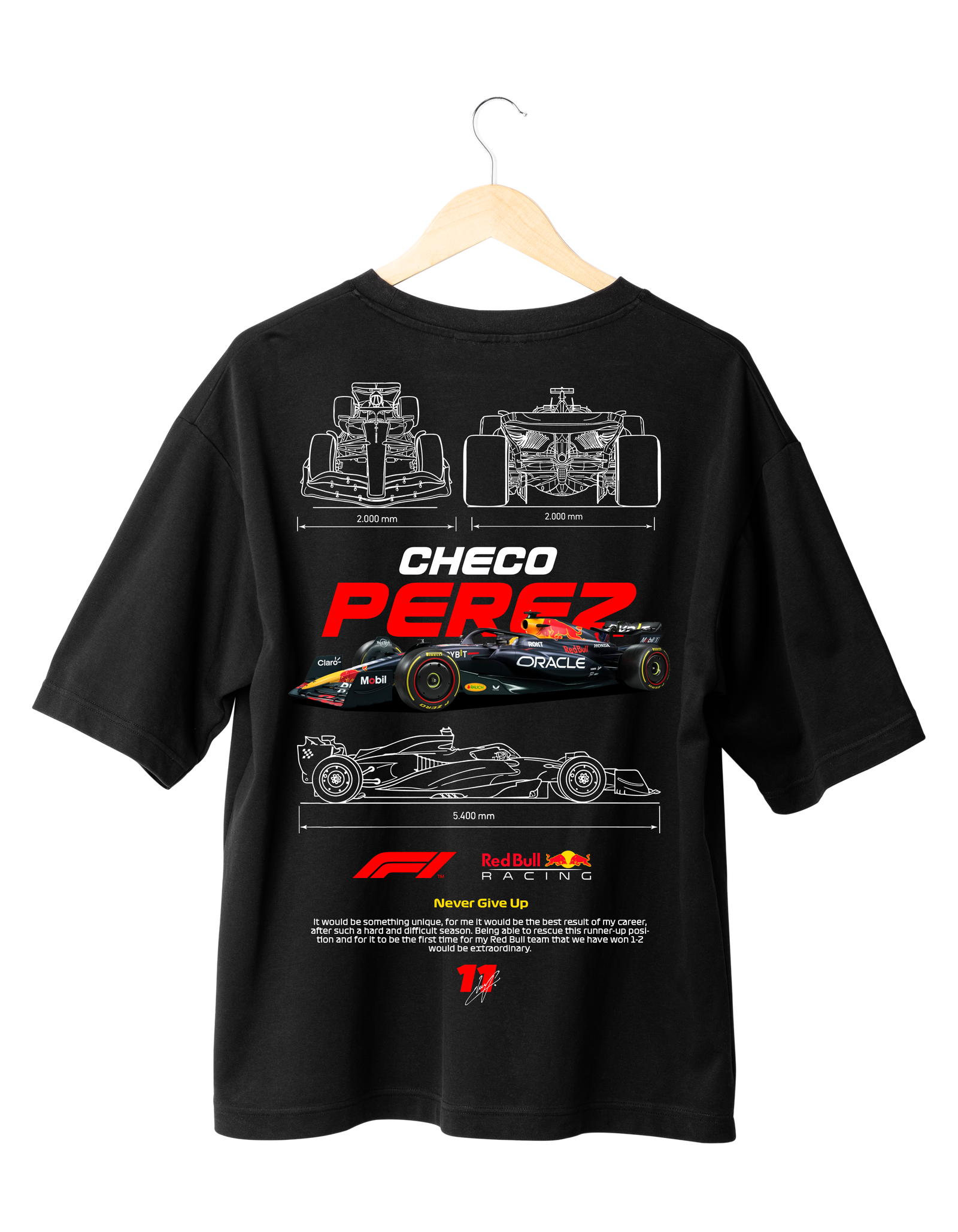Sergio Perez Red Bull Racing T-Shirt with F1 car design and blueprint-style graphics