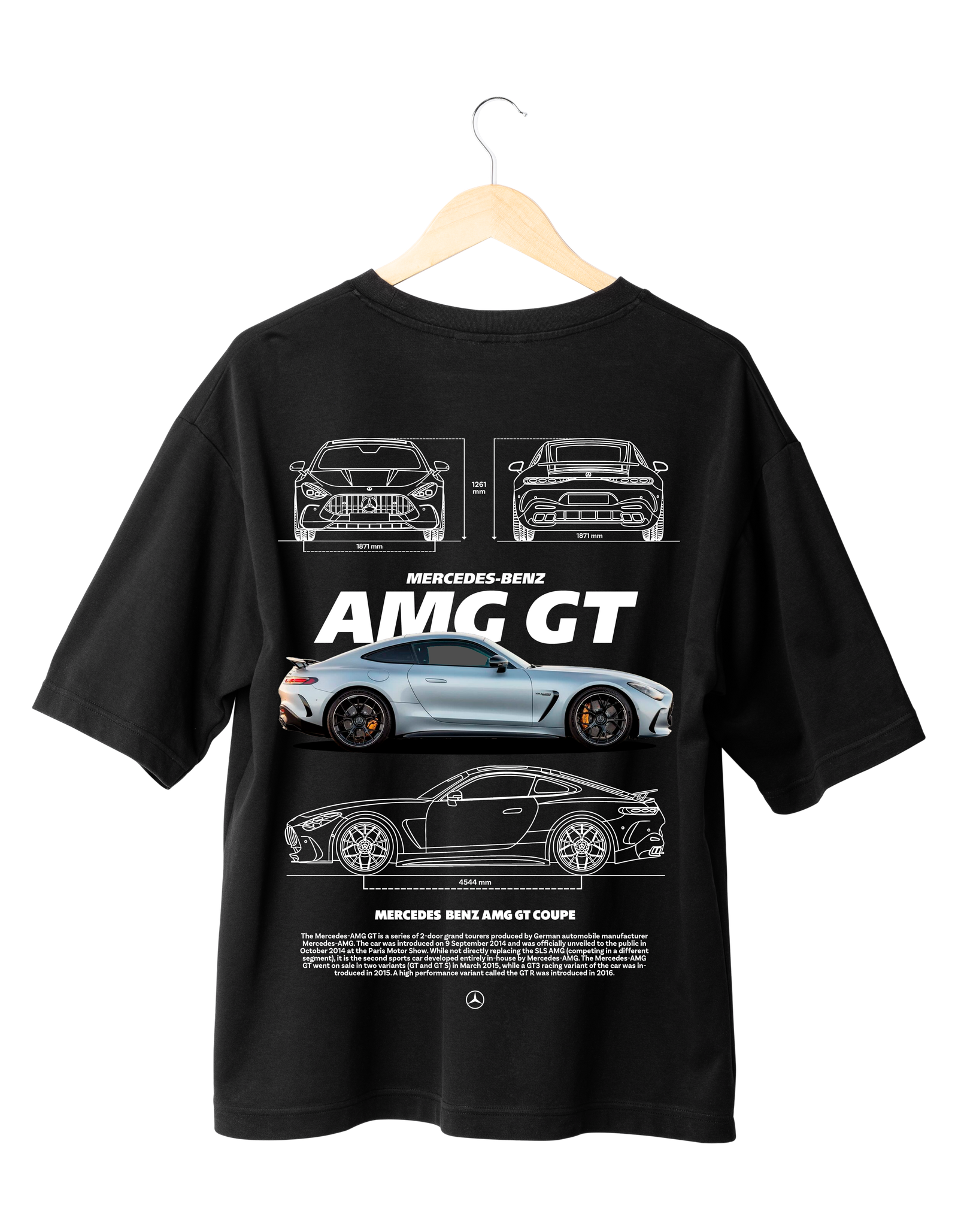 Mercedes AMG GT Coupe T-Shirt with car artwork and technical blueprint design