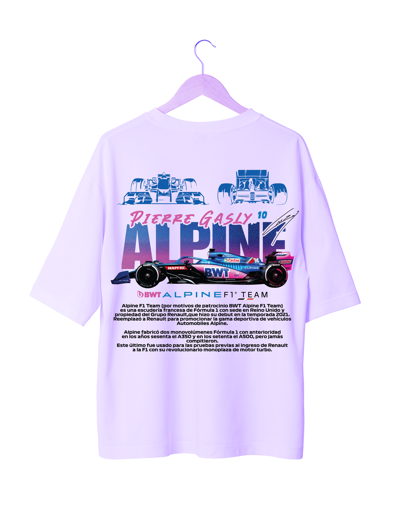 Pierre Gasly Alpine F1 T-Shirt with team branding and racing car artwork