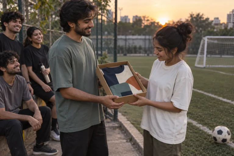 Two young adults exchange a boxed t-shirt beside a local football pitch at dusk.