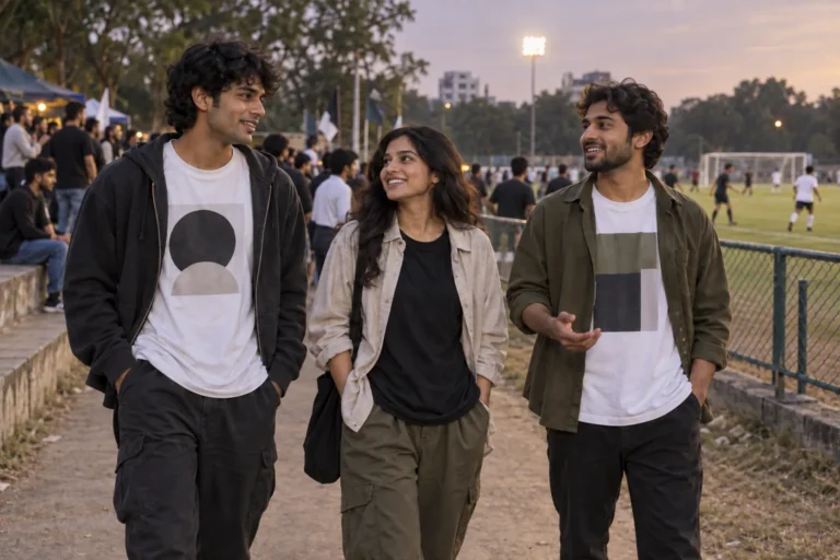 Indian young adults wearing oversized tees with open overshirts and a hoodie beside a football ground