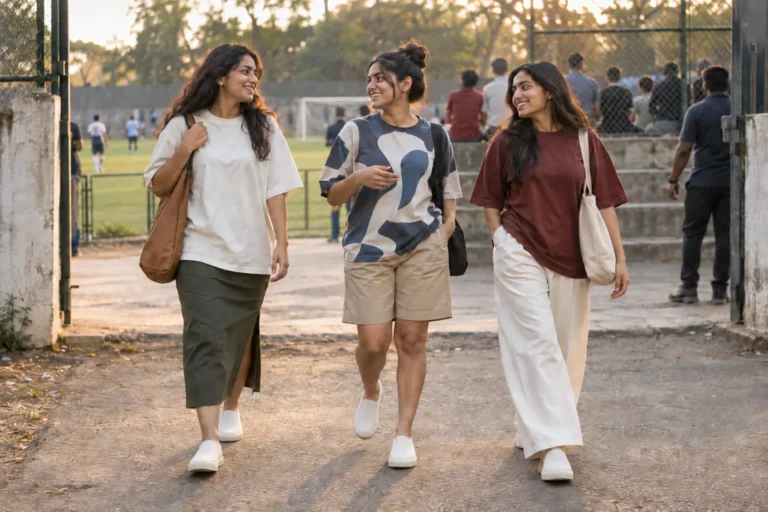 Three women in oversized t-shirts with a midi skirt, tailored shorts and wide-leg trousers near a football ground.