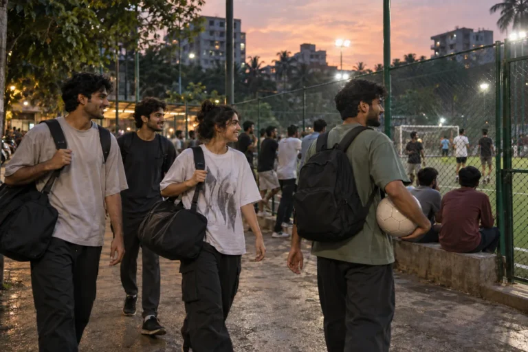 Friends carrying football kit bags towards a local turf pitch at dusk