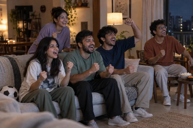 Friends in oversized t-shirts cheering together during a football watch party at home
