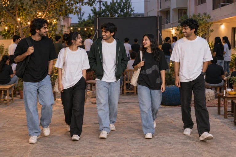 Indian young adults wearing oversized tees and jeans arrive at an outdoor football watch party.