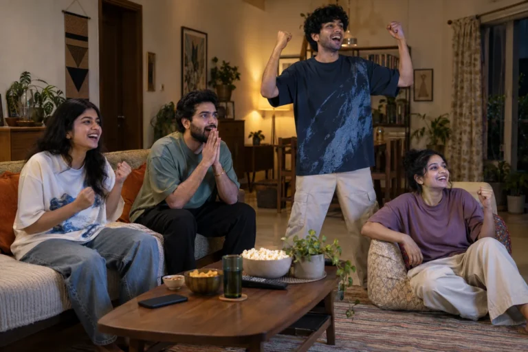 Friends in oversized t-shirts sit and stand together while watching a match at home.