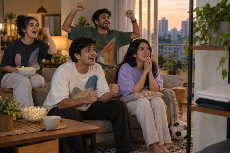 Friends in oversized T-shirts watching a match at home with folded tees on a nearby shelf