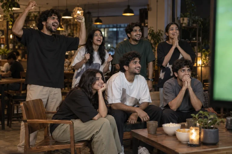 Friends in oversized t-shirts gather around cafe tables for a football screening.