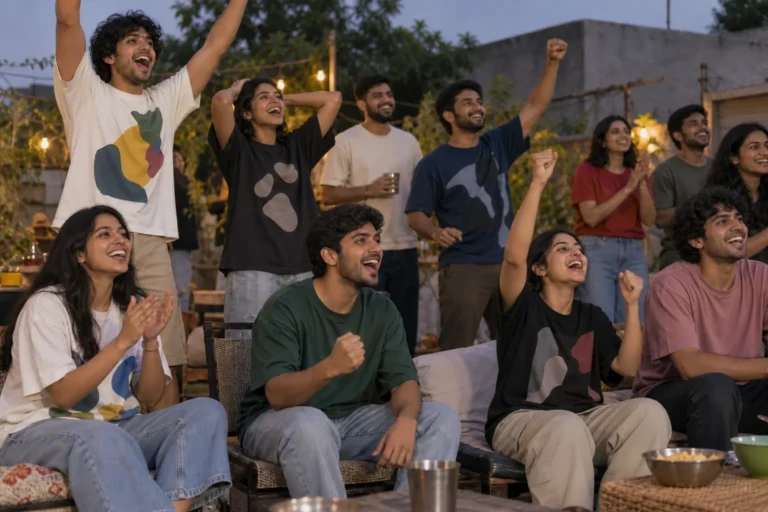 Indian football fans in oversized t-shirts gathering at an outdoor match screening.