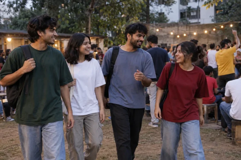 Indian young adults in oversized t-shirts arriving at an outdoor football viewing gathering