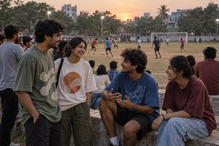 Young adults in oversized t-shirts chatting beside a neighbourhood football ground at dusk.