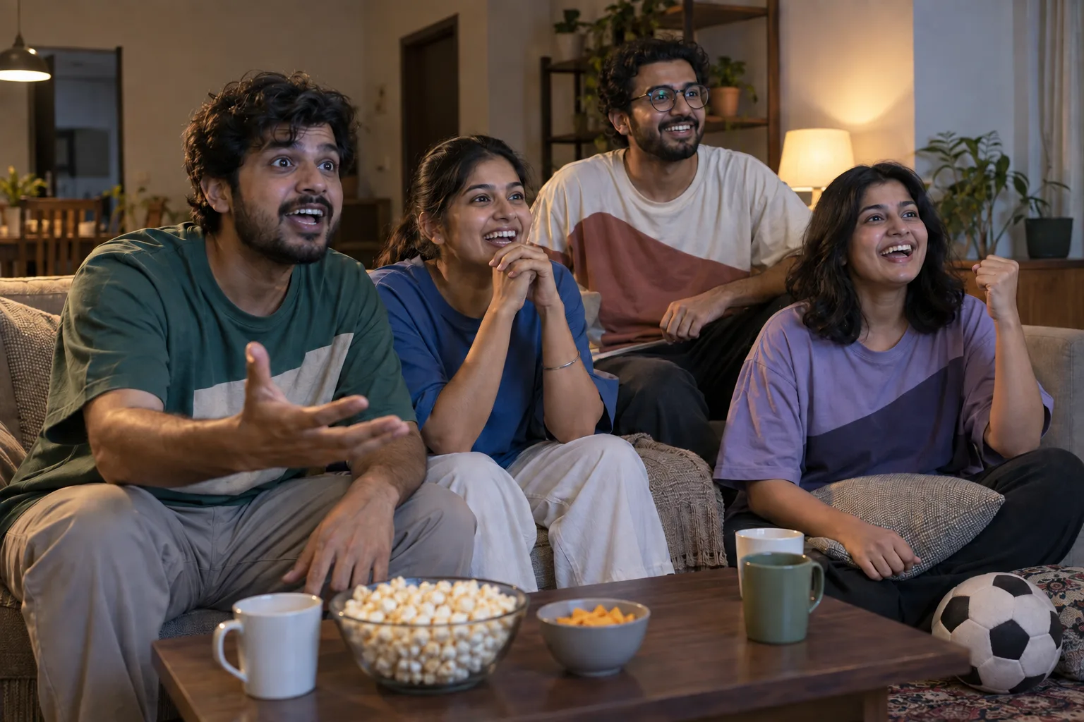 Four friends in oversized t-shirts watch an off-camera screen together in a living room.