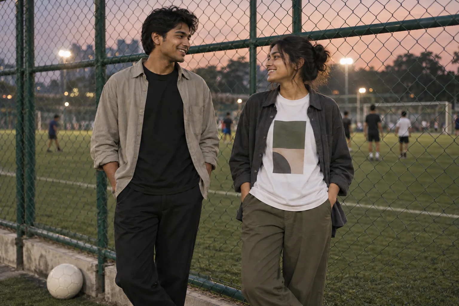 Two Indian friends in oversized tees and open overshirts beside a turf football pitch at dusk