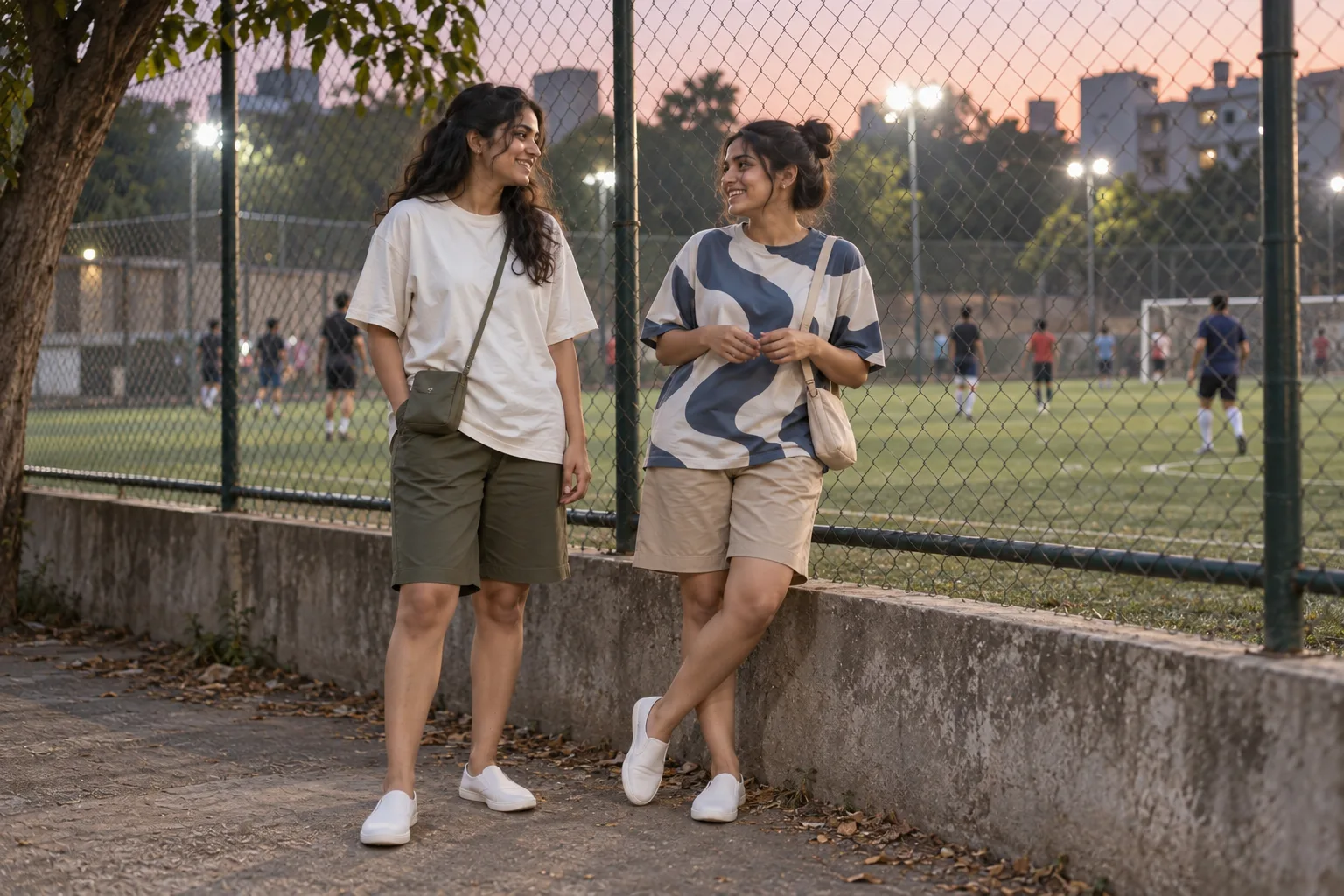 Two women in oversized t-shirts and tailored shorts beside a local turf football pitch at dusk.