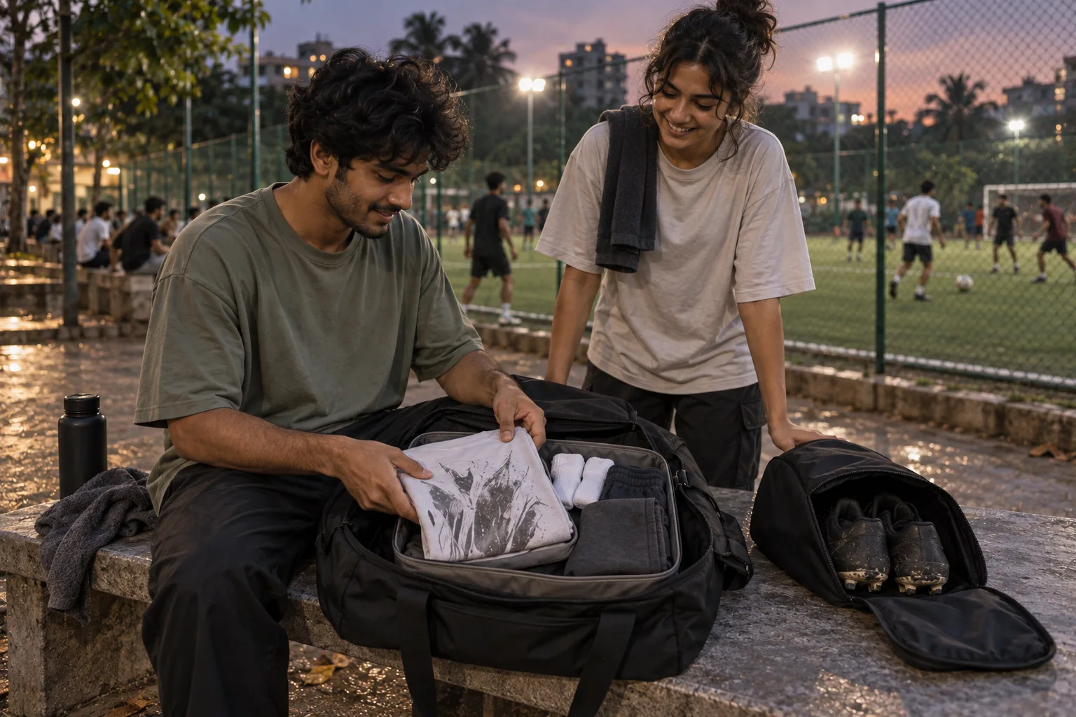 A fan packs a folded spare t-shirt and fresh socks into a clean pouch beside a turf pitch