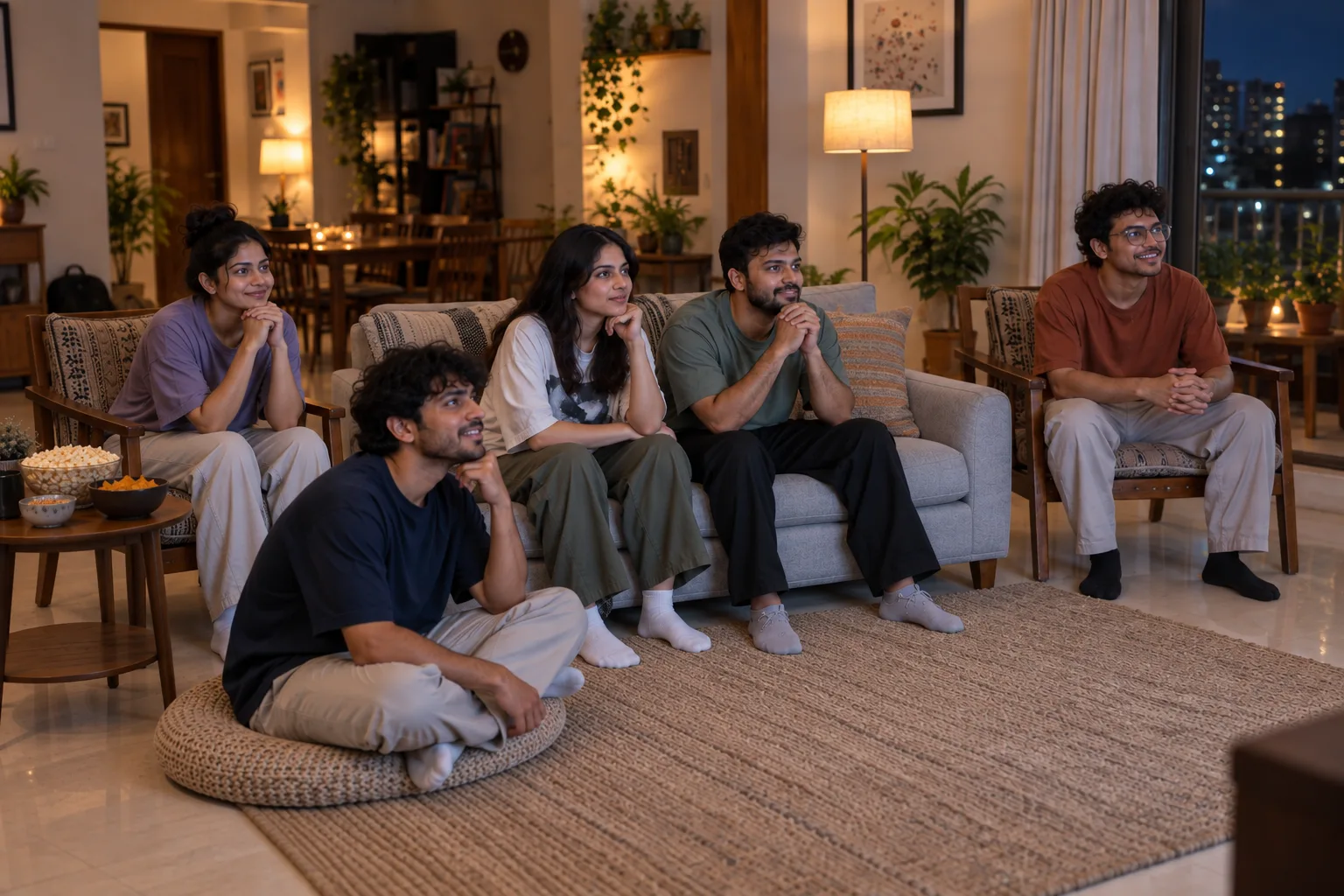 Friends seated on a sofa, chairs and a floor cushion with snacks on a side table