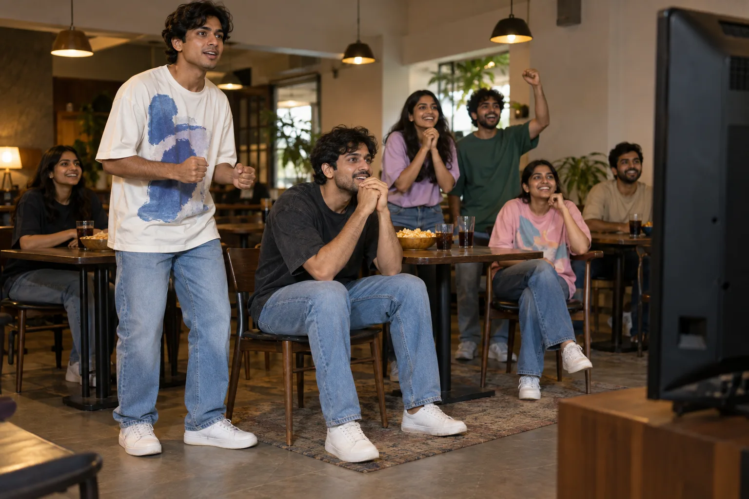 Friends in oversized t-shirts and straight blue jeans gather for a cafe football screening.