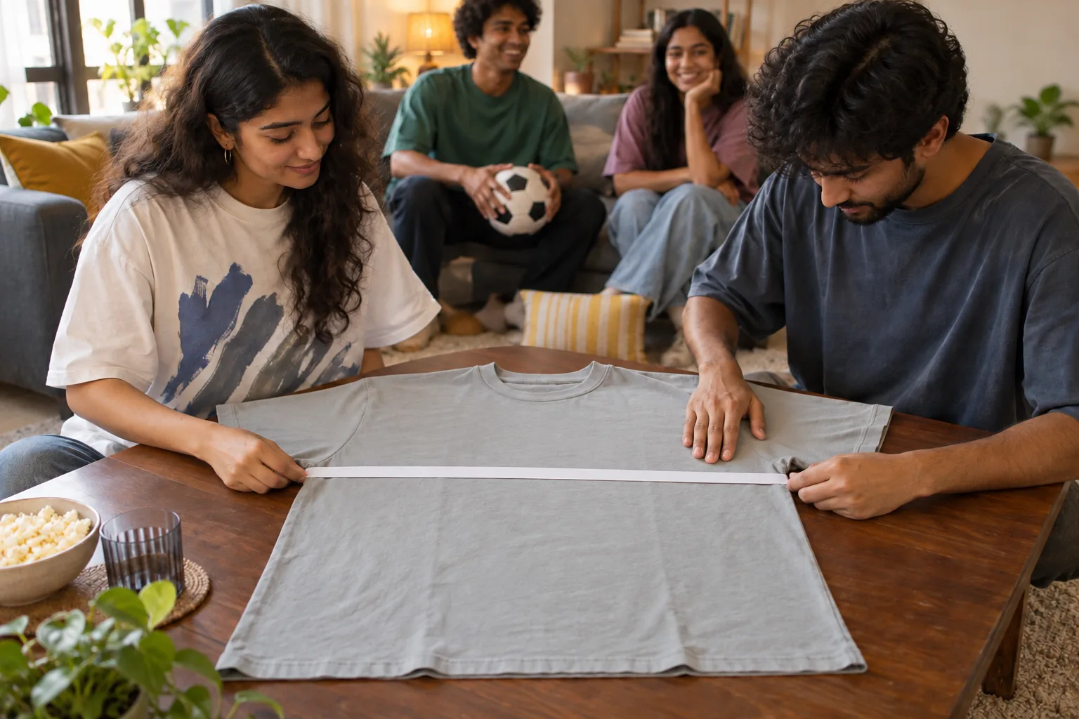 Friends align a measuring strip across a plain t-shirt laid flat on a table before a match evening.