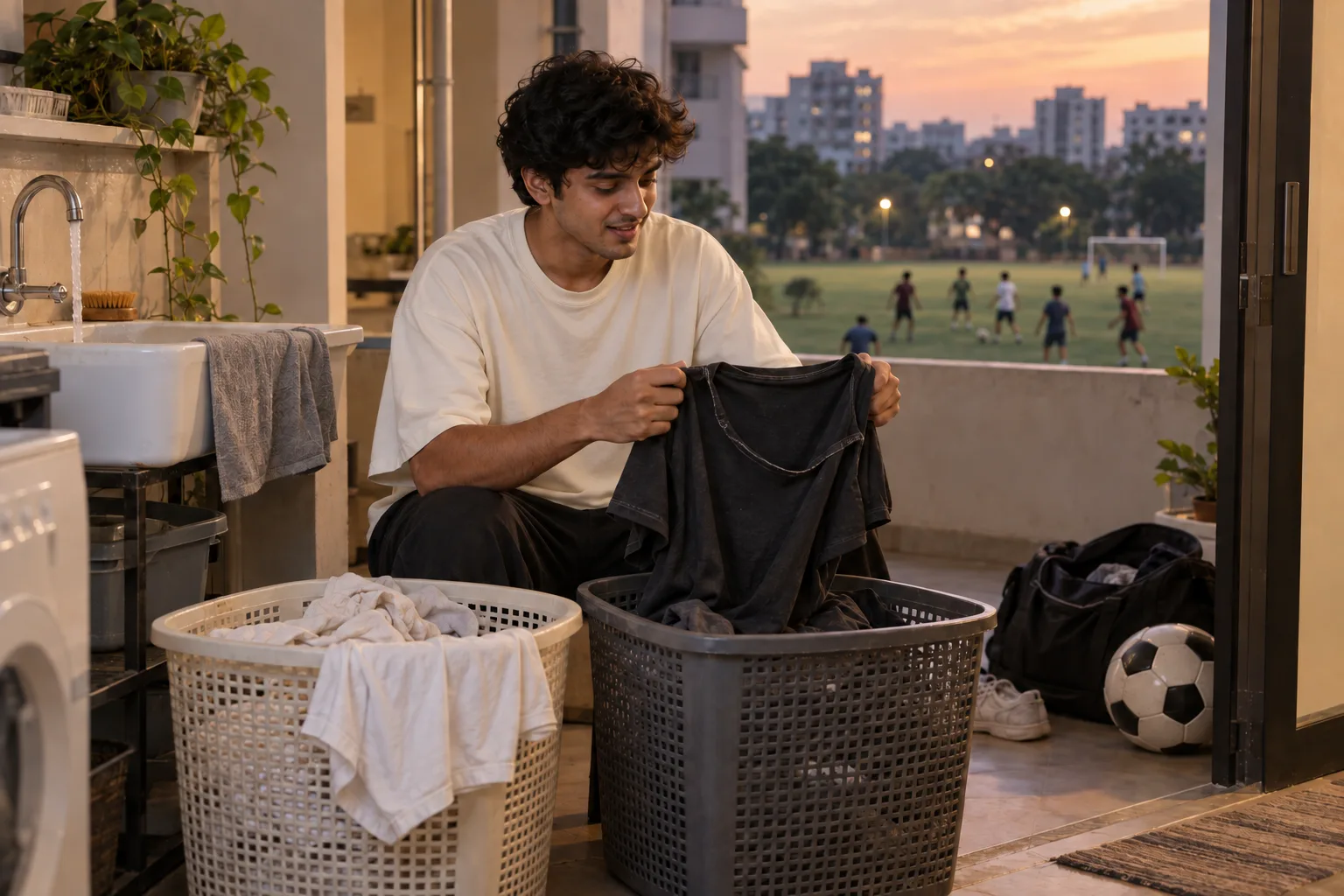 A football fan sorting light and dark T-shirts into laundry baskets beside a balcony sink