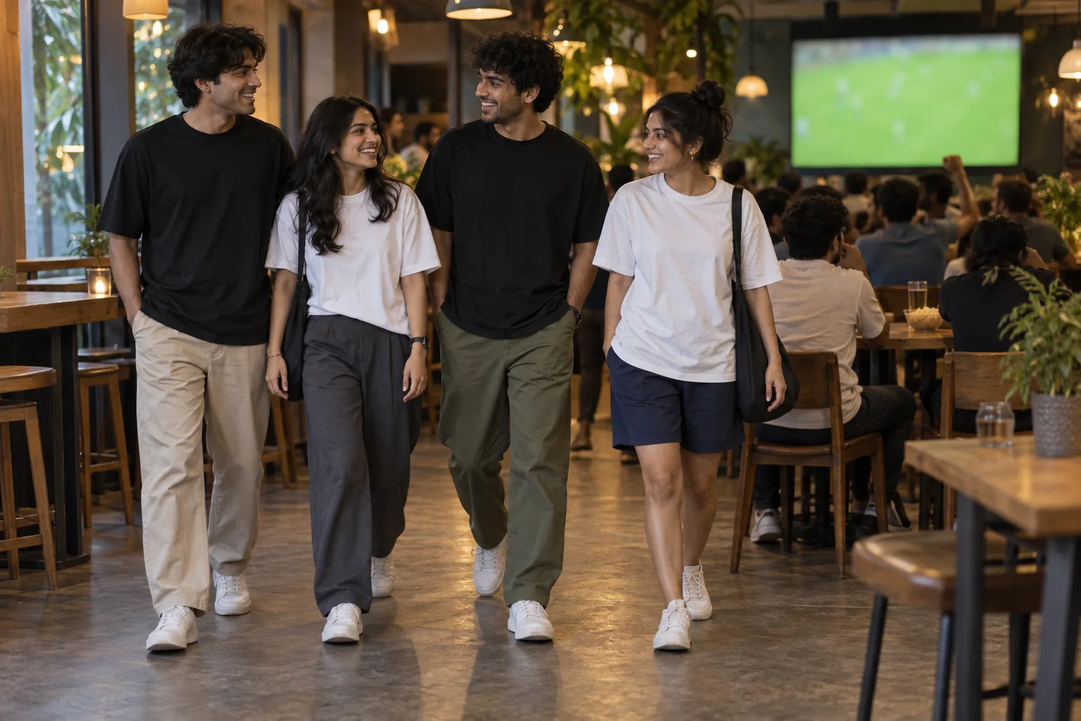 Four friends wear black and white oversized t-shirts with neutral trousers and navy shorts.
