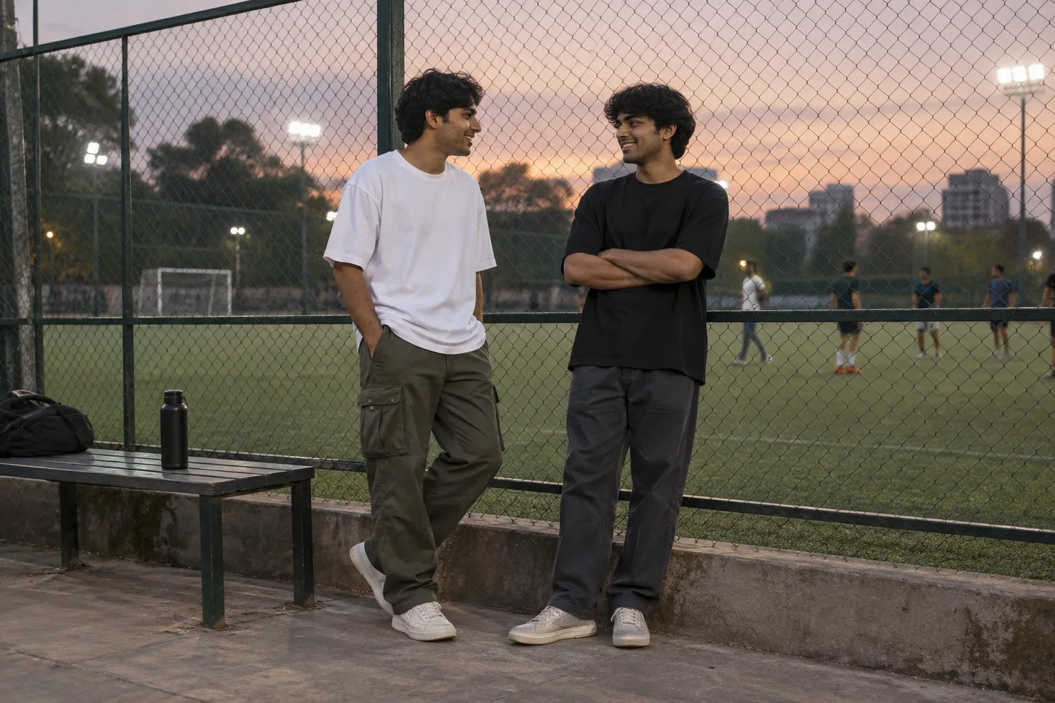 Two friends in white and black oversized t-shirts beside a turf football pitch at dusk