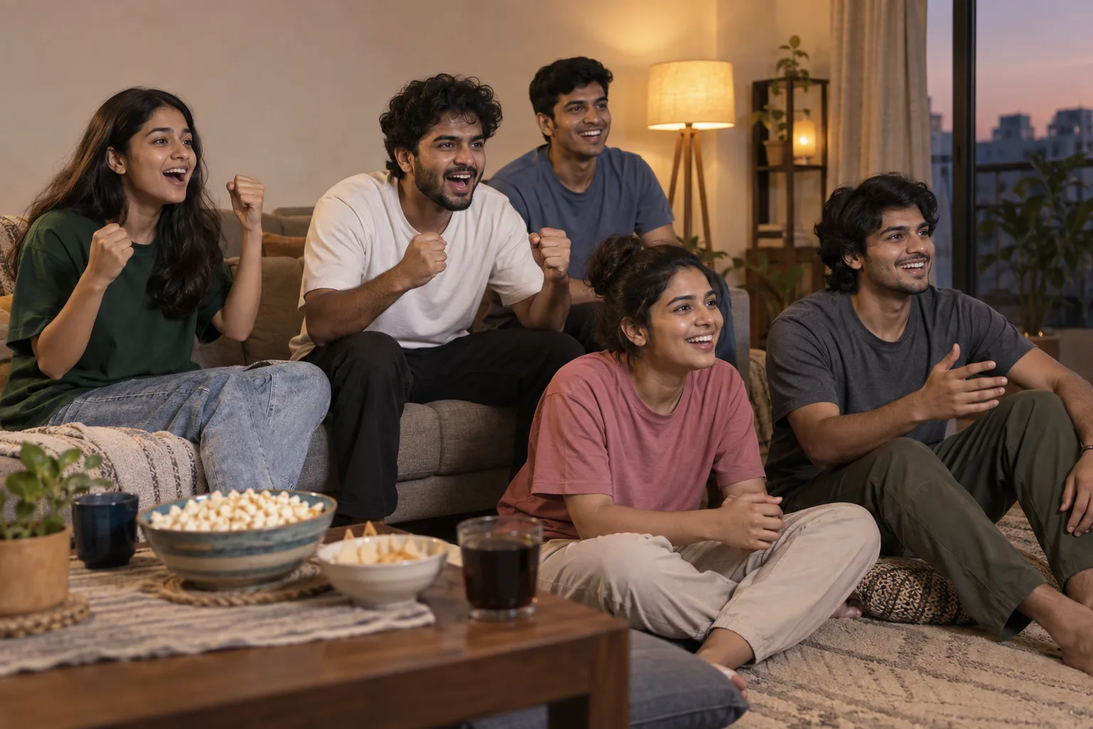 Indian young adult friends in oversized t-shirts watching a match together in an apartment
