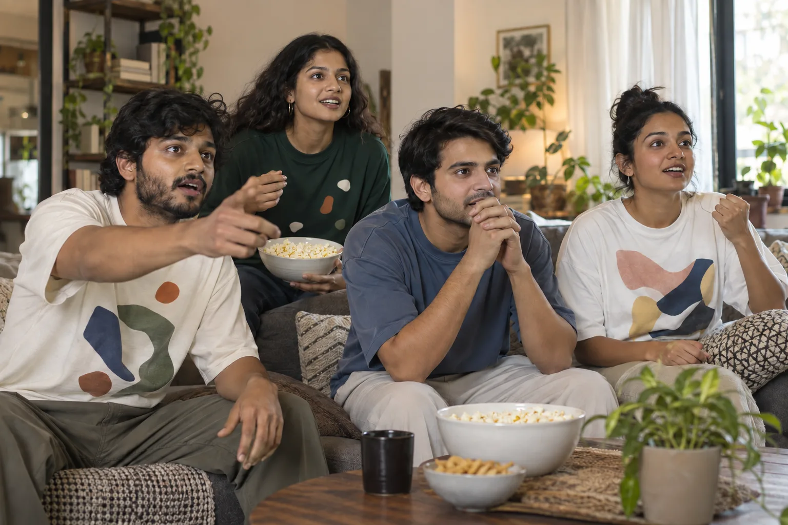 Indian friends in plain and abstract-print oversized t-shirts watching a match together.