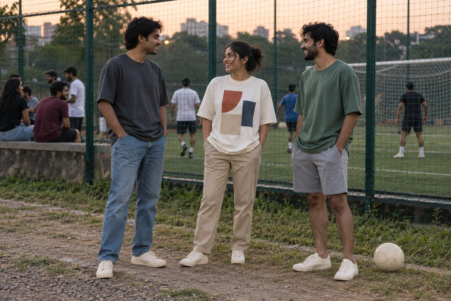 Three young adults wear oversized tees with jeans, chinos and shorts beside a football pitch at dusk.