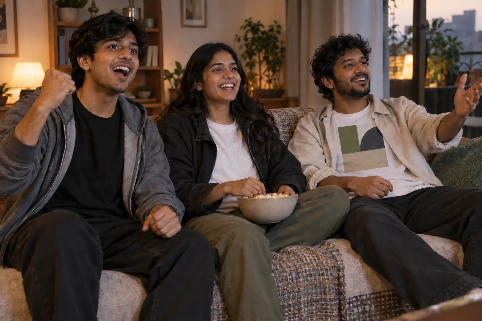 Indian friends watching football at home in oversized tees layered with open hoodies and jackets