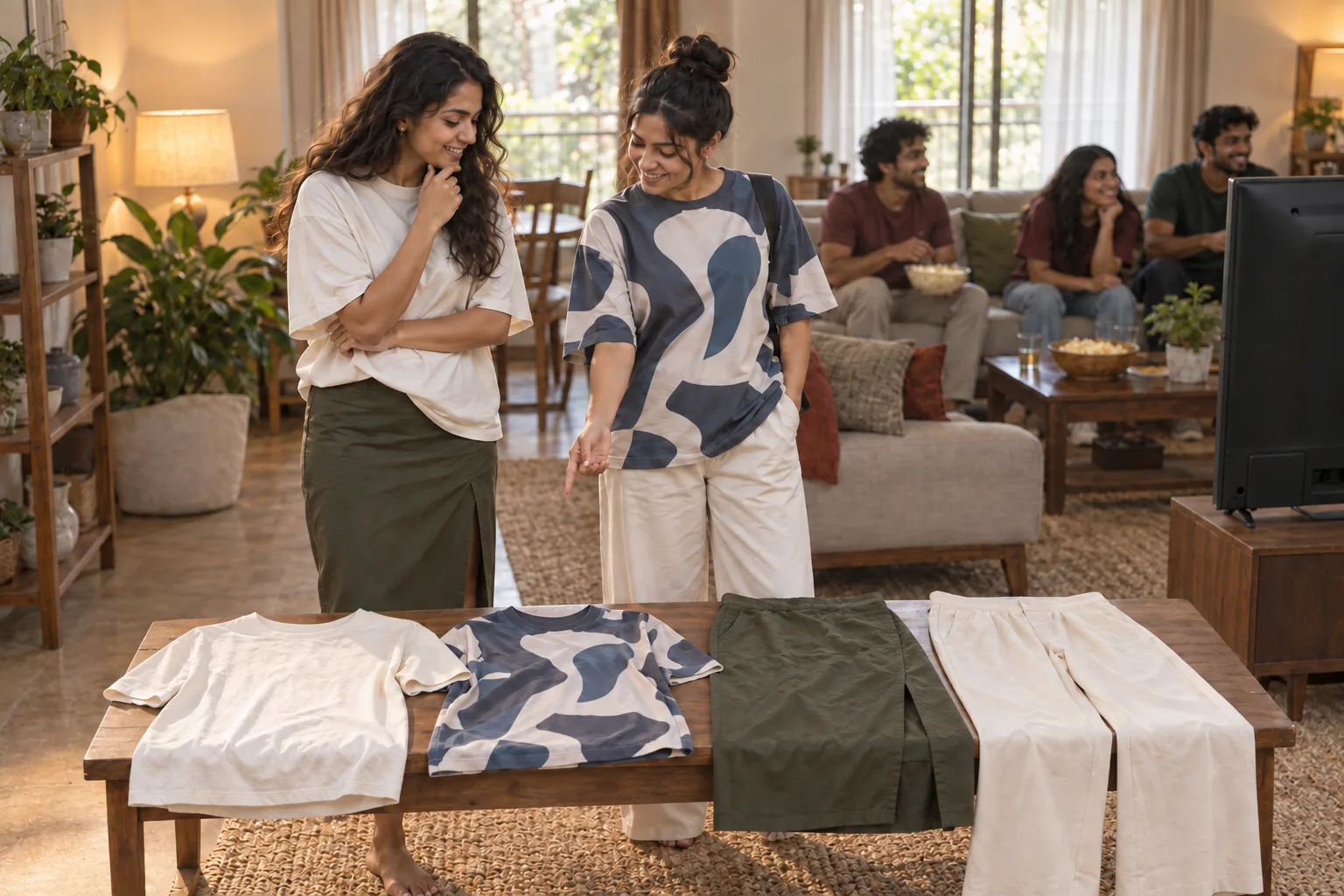 Two women compare oversized t-shirts with a midi skirt and wide-leg trousers before a football gathering.