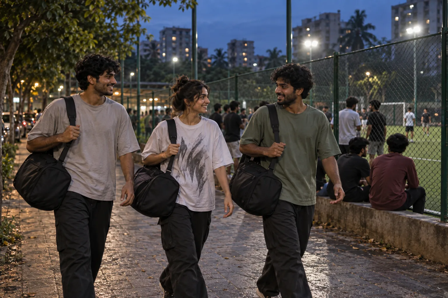 Friends in oversized t-shirts carry closed kit bags away from a football turf at dusk
