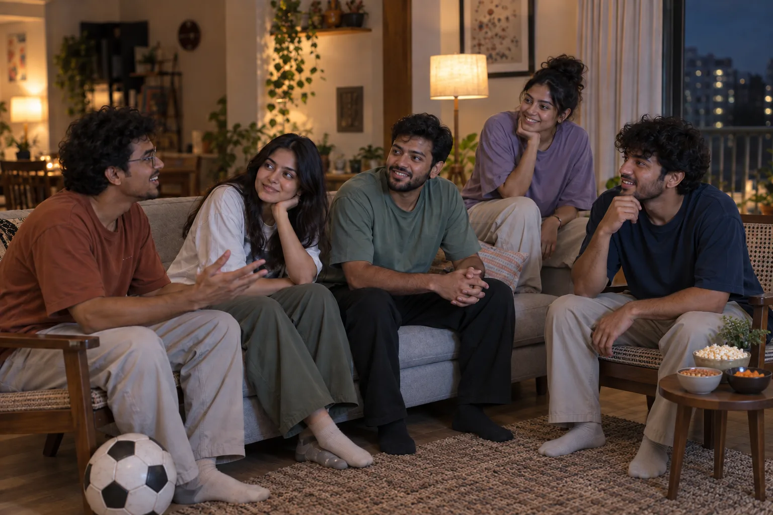 Friends in oversized t-shirts talking together during a break at a home football watch party