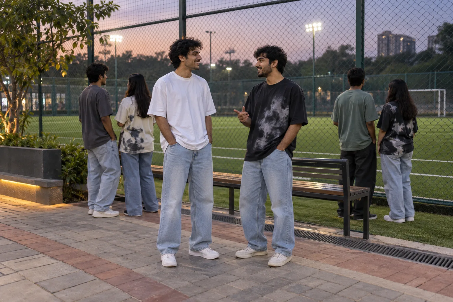 Indian friends in oversized t-shirts and light-wash jeans chat beside a local turf pitch at dusk.