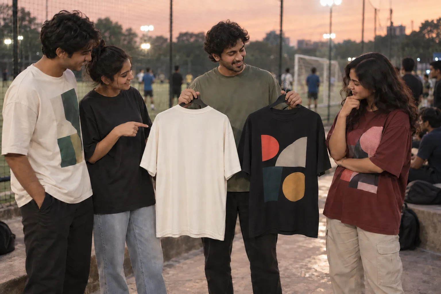 Friends compare a plain t-shirt and an abstract-print t-shirt beside a turf football pitch at dusk.