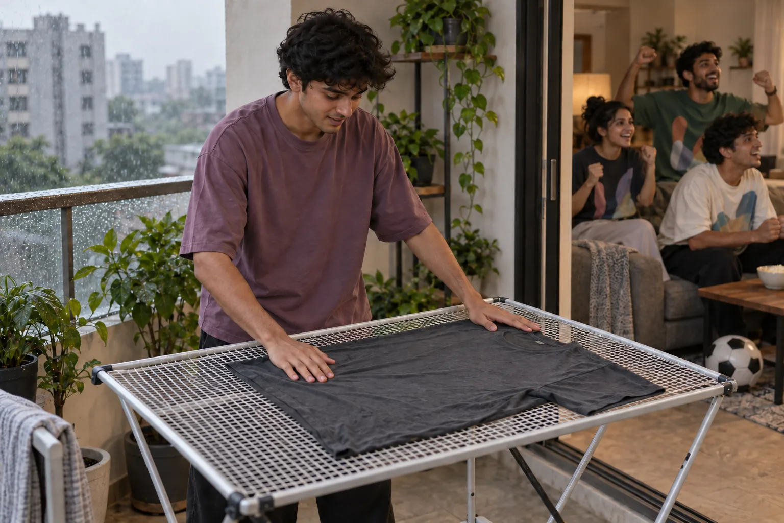 A fan arranging a T-shirt flat on a covered balcony drying rack while friends gather indoors