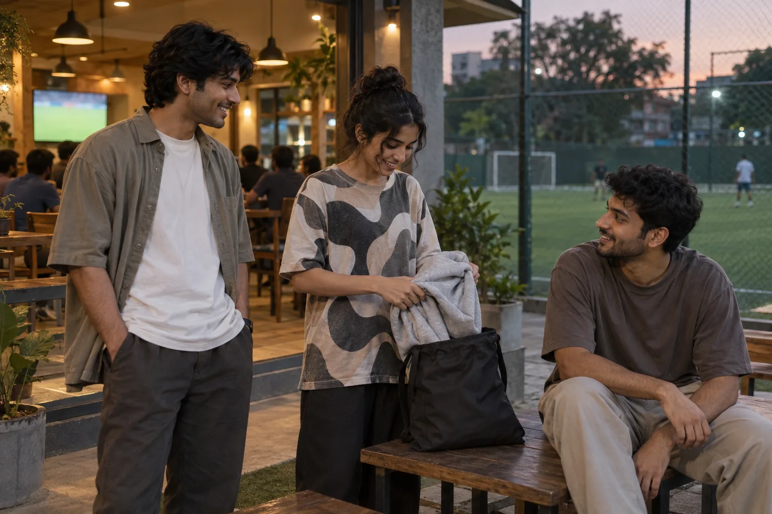 Friends outside a cafe at dusk wear oversized tees, with an open overshirt and a hoodie being packed.