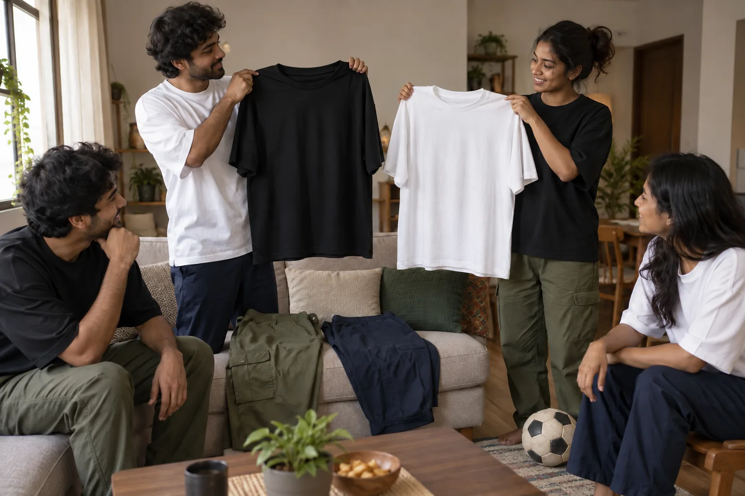 Friends comparing black and white oversized t-shirts with trousers laid on a sofa