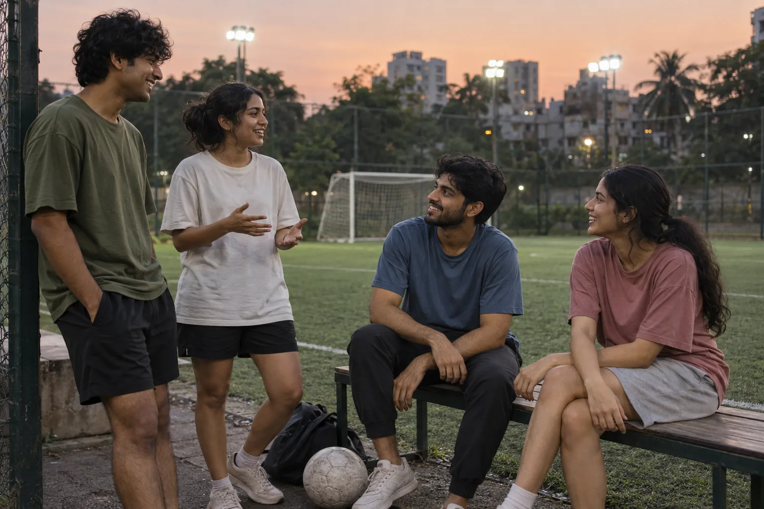 Indian young adults in oversized t-shirts chatting beside a local football turf pitch at dusk
