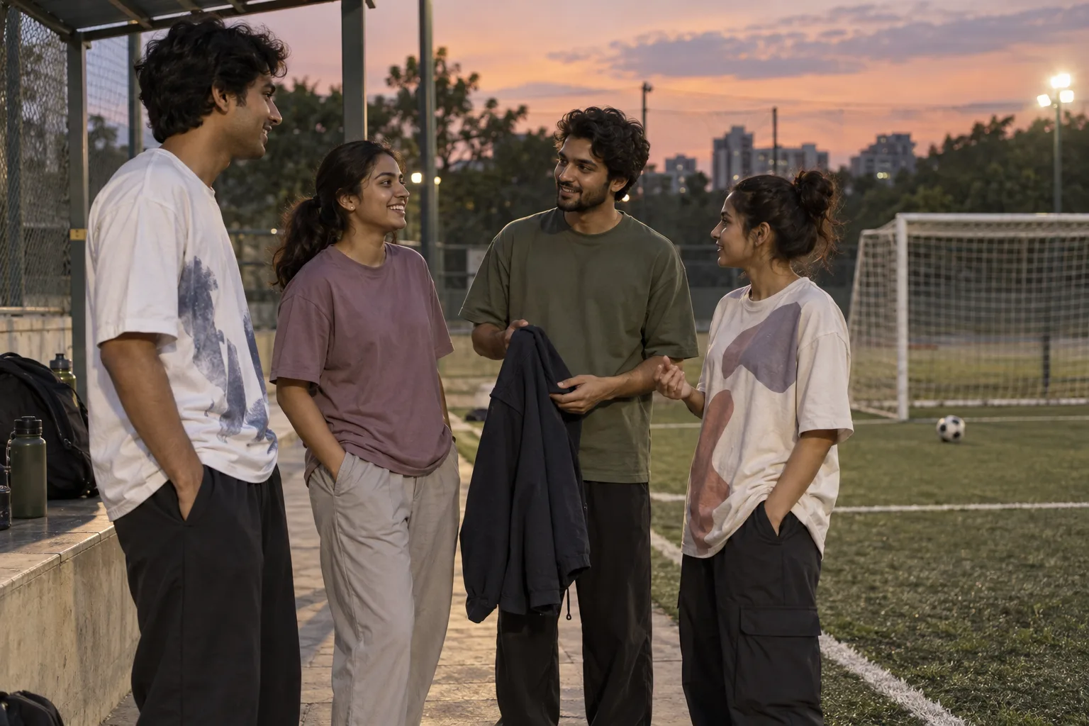 Indian young adults in oversized t-shirts beside a local turf football pitch at dusk.