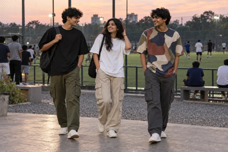 Friends in oversized t-shirts and cargo pants beside a football pitch at dusk