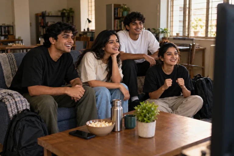 Indian college friends in plain oversized t-shirts watching television in a common room