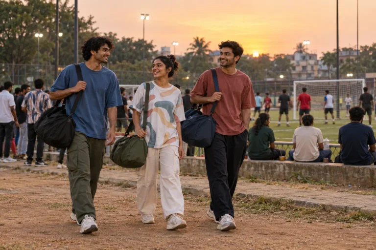 Young adults with weekend bags beside a local football pitch at dusk