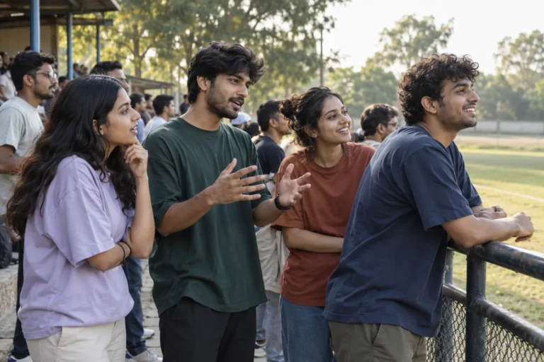 Indian young adults watching football together from the sidelines of a neighbourhood ground.