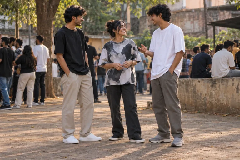 Three Indian friends in oversized tees and different sneakers outside a neighbourhood match screening.