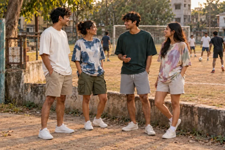 Indian football fans wearing oversized t-shirts and shorts outside a neighbourhood football ground