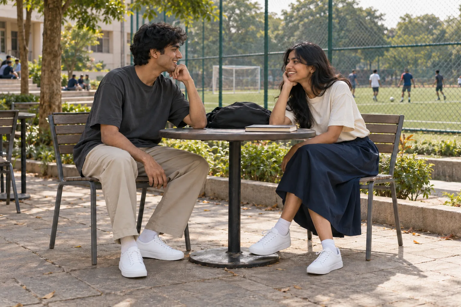 Two Indian students in oversized tees, trousers and a midi skirt seated beside a campus football pitch