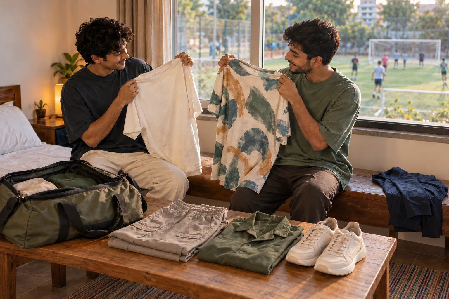 Two friends choosing oversized t-shirts beside an open weekend bag