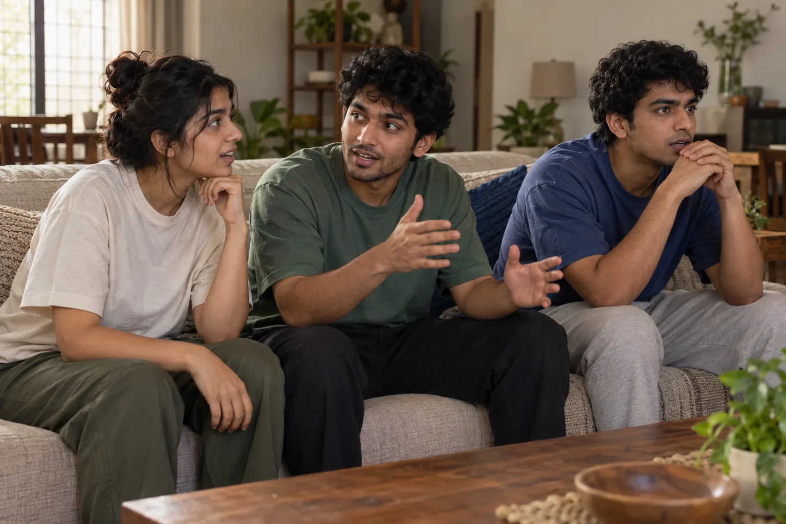 Three Indian friends watching an off-camera television while one explains a moment of play.