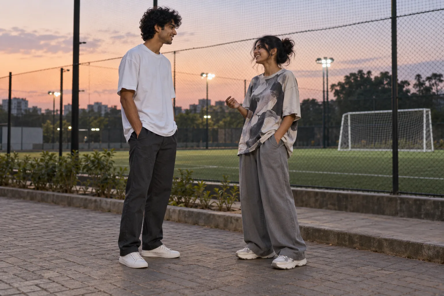 Two Indian fans beside a turf pitch, with trouser hems showing slim sneakers and chunky trainers.
